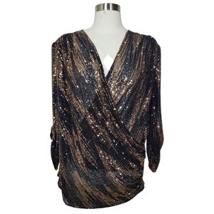 Zara Black Sequin Faux Wrap Surplice Party Disco Top Size L